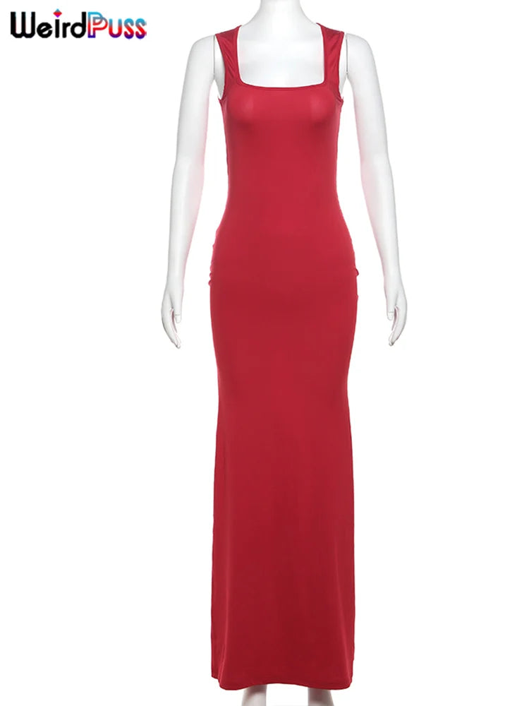 Weird Puss Solid Maxi Dress Woman Summer Sexy Sleeveless Low Chest Simple Elegant Smooth Fashion Party Evening Skinny Vestidos