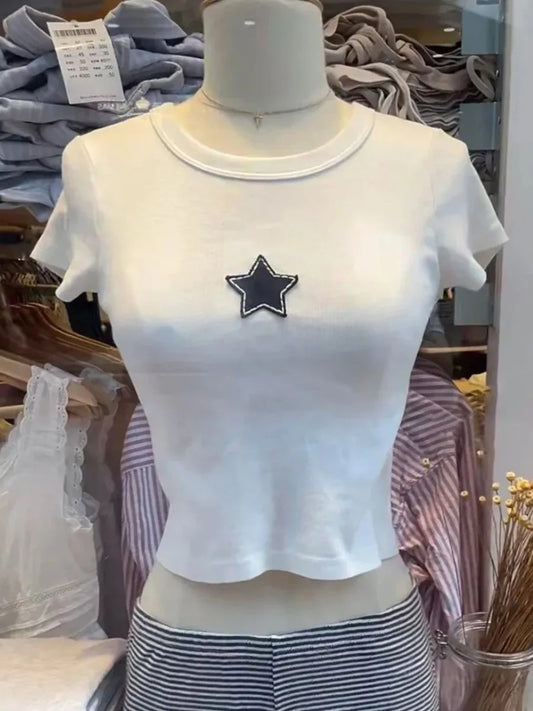 Sweet Star Appliques Slim Crop Top ladies Round Neck Y2K Tops