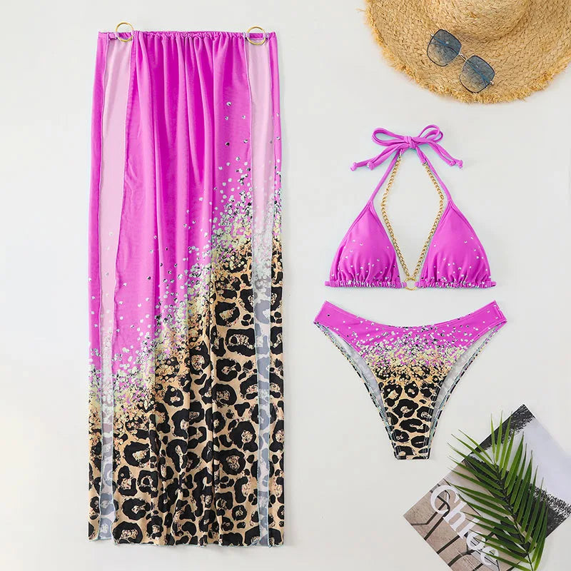 New Sexy Print Halter Swimwear,  Swimsuit Three-pieces Bikini Set Bather Bathing Suit Swim Lady