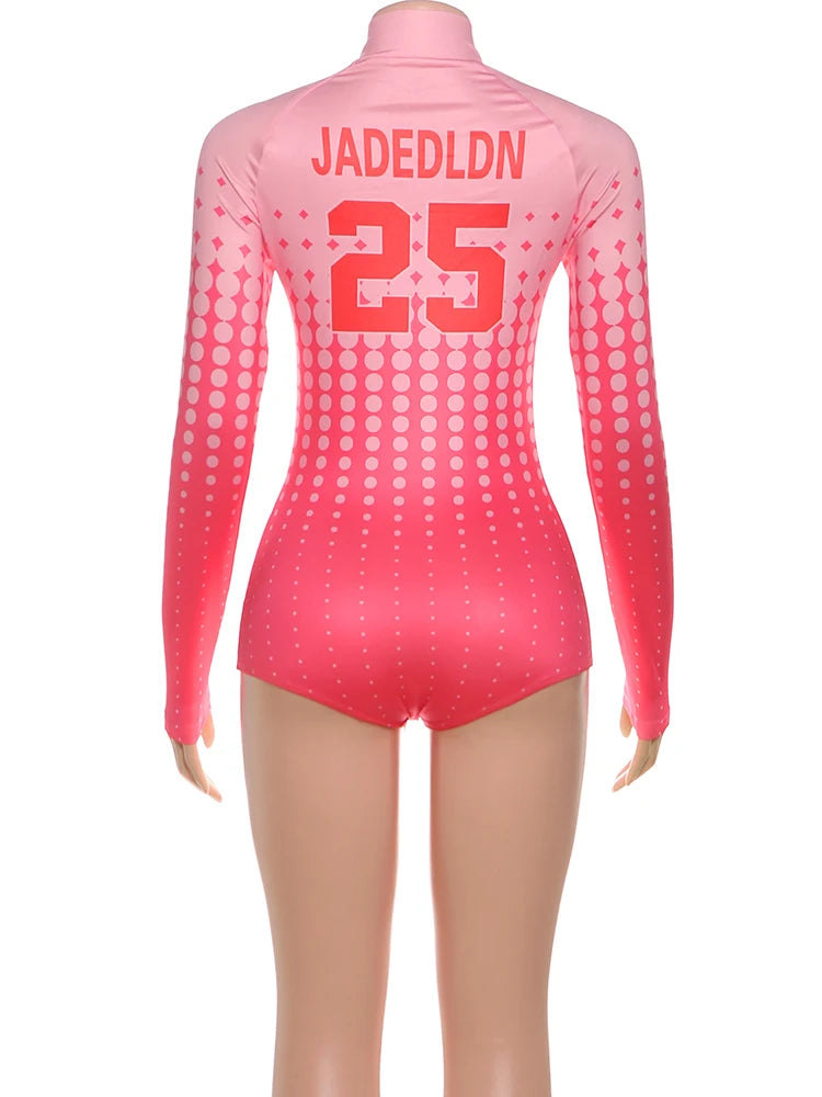 Weird Puss Letter Print Romper Women Sexy Zip Gradient Dot Tight Midnight Hipster Street Activity Stretch Turtleneck Playsuit