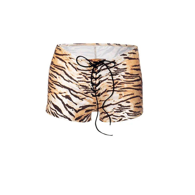HLJ&GG Fashion American Vintage Style Pattern Print Two Piece Sets Women O Neck Sleeveless Top And Tiger Bandage Shorts Outfits