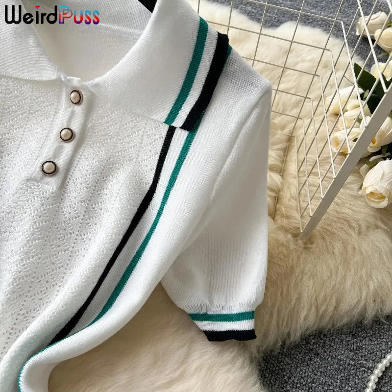 Weird Puss Contrast Stripe Dress Women Knitted Polo-Neck Short Sleeve Ruffles Stretch Hem  Casual Trend Streetwear Mini Bodycon