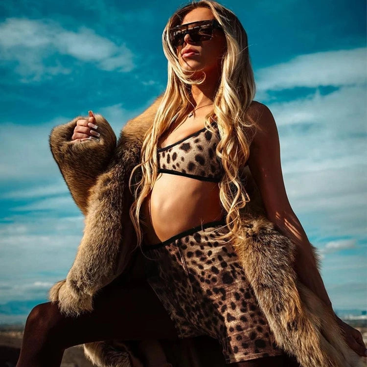 STYLISH LADY Leopard Printed Sports 2 Piece Set Women Strap Crop Bra and Shorts Suits 2025 Summer Sexy Club Street Outfits