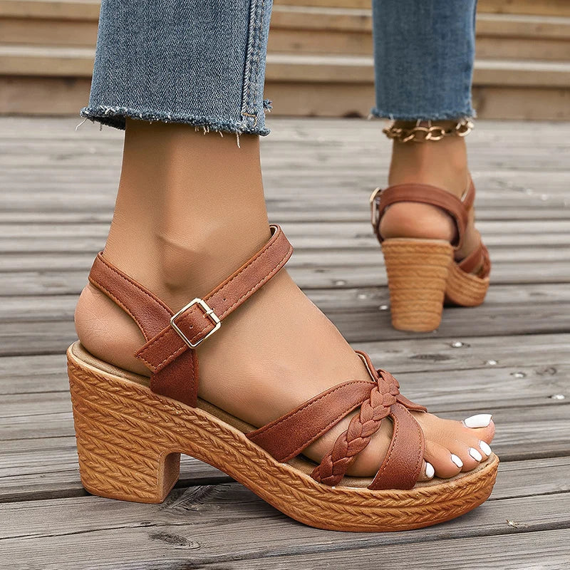 Women's Braided High Heels Sandals 2024 Summer Chunky Platform Gladiator Sandals