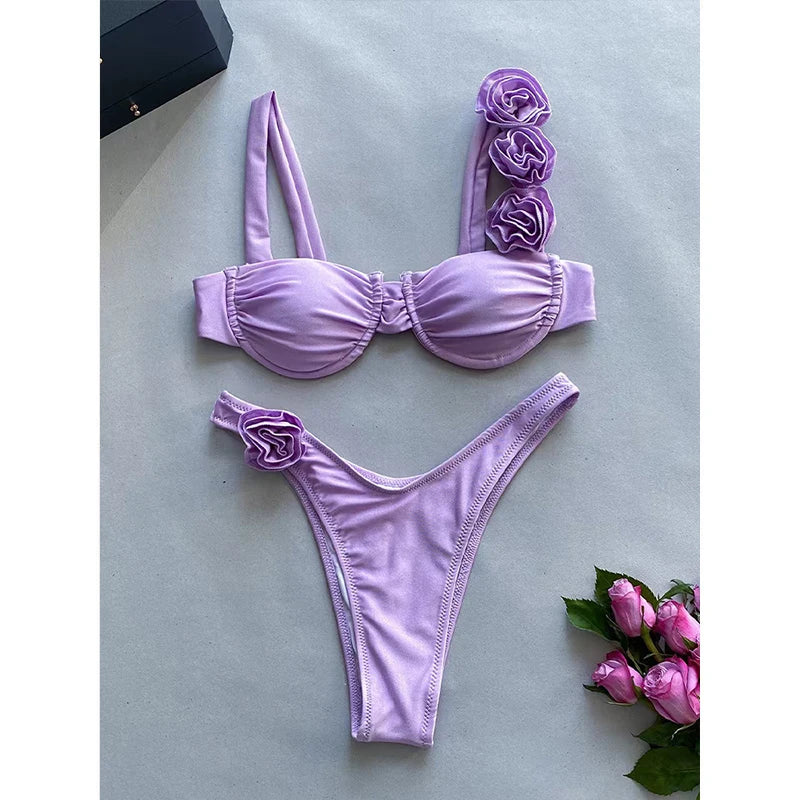 Sexy Solid Backless Floral Bikini  Set Women Split Swimsuit High Waist Beach Bikini 2025 New Summer Swimwea Bikinis Set
