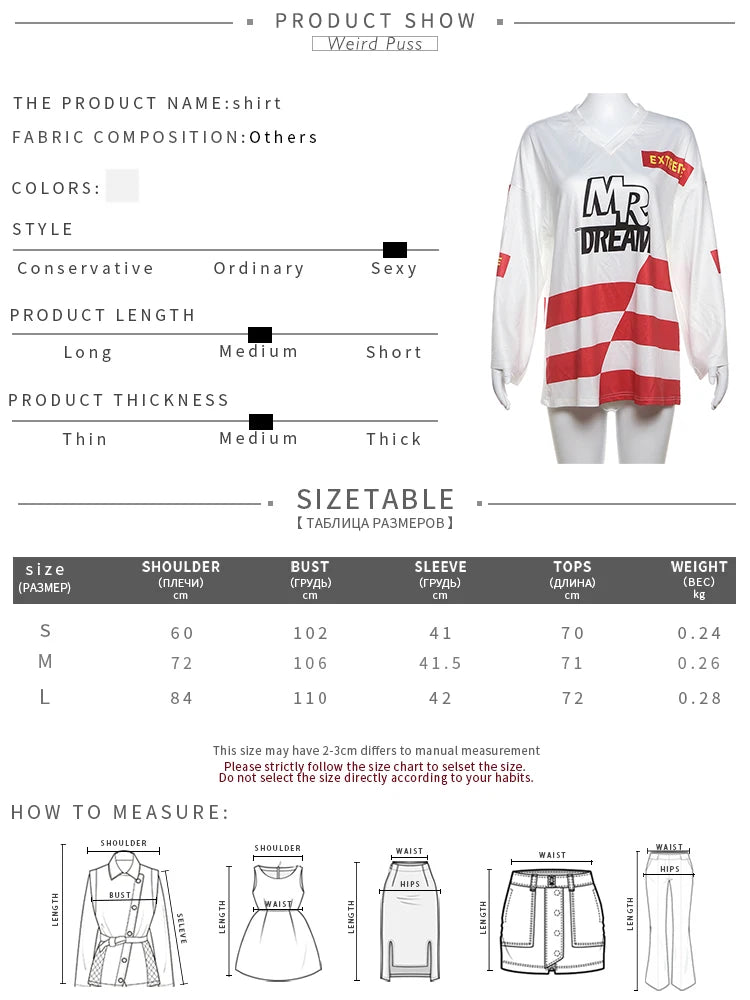 Casual Hipster Women T-Shirt Contrast Letter Print Long Sleeve V-Neck Wild Streetwear Loose Summer Comfortable Tees