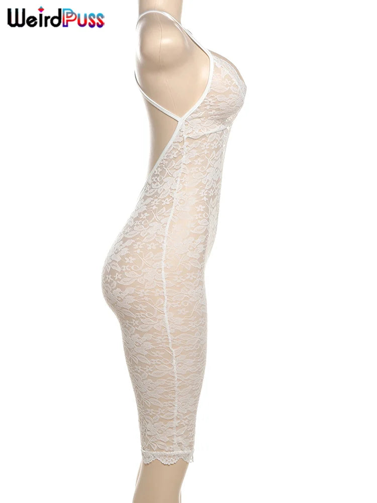 Weird Puss Coquette Playsuit Women Mesh Midnight Backless Sleeveless v-Neck Sexy Summer Hipster Skinny Fitness Stretch Romper