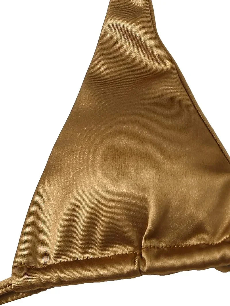 Halter Brazilian Metallic Satin Bikini  Swimwear, Swimsuit Two-pieces Bikini Set High Cut Bathing Suit Swim Beachwear