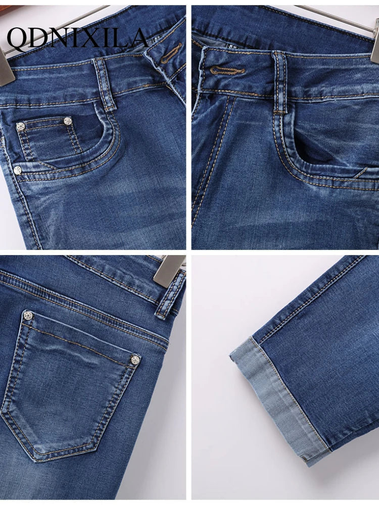 Knee Length Jeans female Elastic High Waist Mom Jeans Oversize