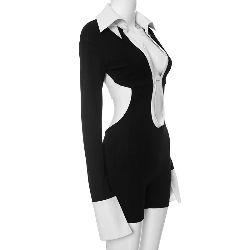 Weird Puss Hollow Backless Women Playsuits Bandage Polo Neck Full Sleeve Skinny Contrast Color Hipster High Street Sexy Romper