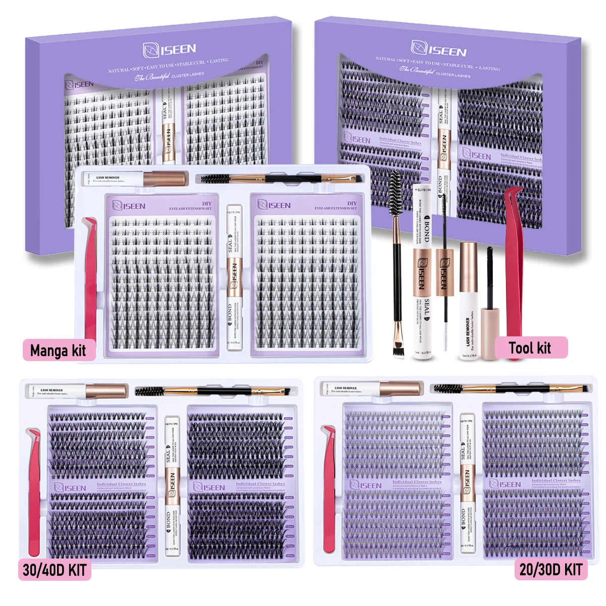 ISEEN DIY Eyelash Extension Kit Cluster Mix Eyelashes Full  Lashes Kit with Lash Bond & Seal and Eyelash Tweezers and Brush