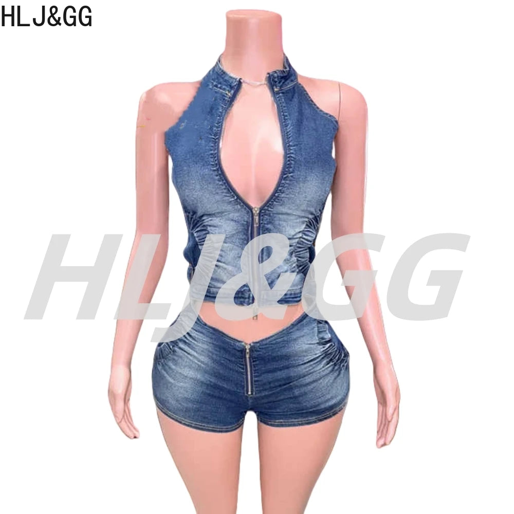 Blue Fashion jeans Halter Two Piece Sets Women Sleeveless, Backless Slim Crop Top And Skinny Jean Pants Outfits Streetwear