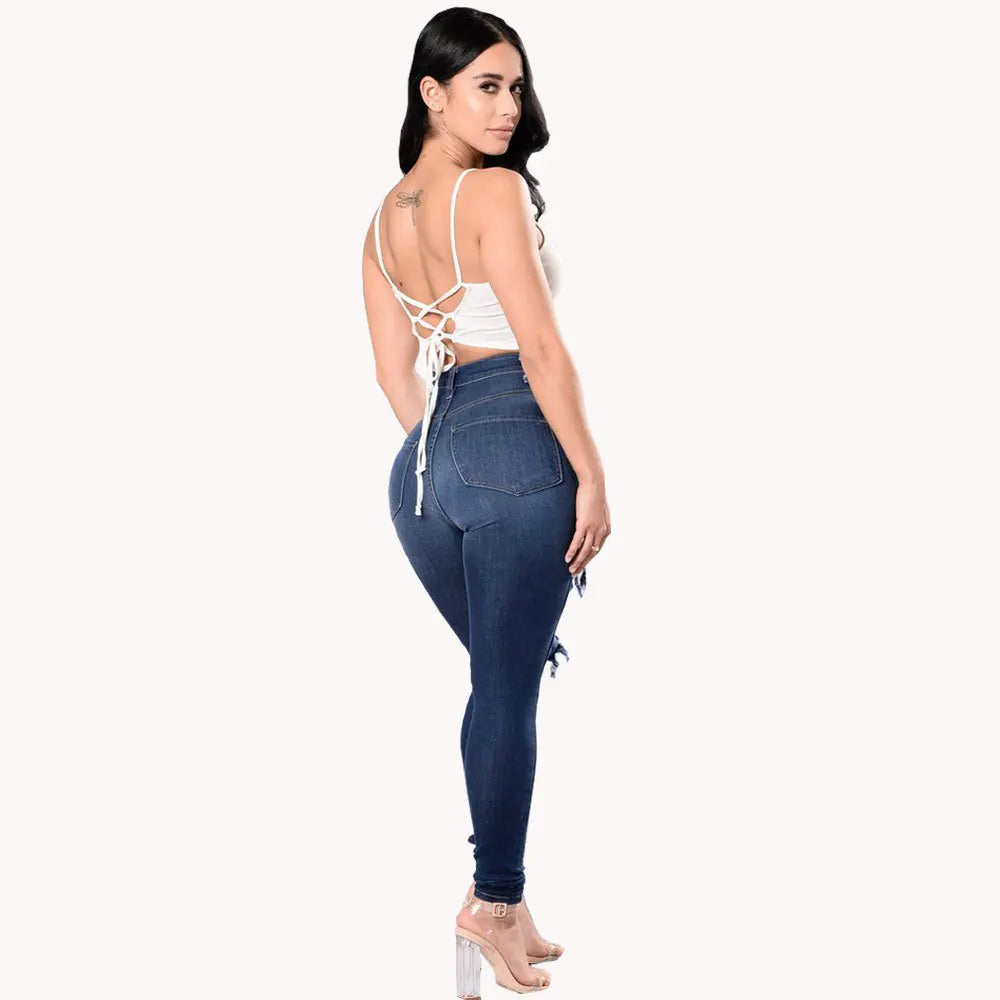 HOLE,  ladies 2025 High Waist Ripped Jeans for female, Skinny Black Pockets Jeans Elastic Slim Jean Female Femme Pants