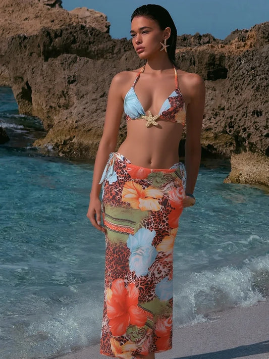 Weird Puss Beach Style Women 3Piece Set Swimsuit Colorful Print Bandage Bra+Briefs+Maxi Skirts Vacation Midnight Club Party Suit