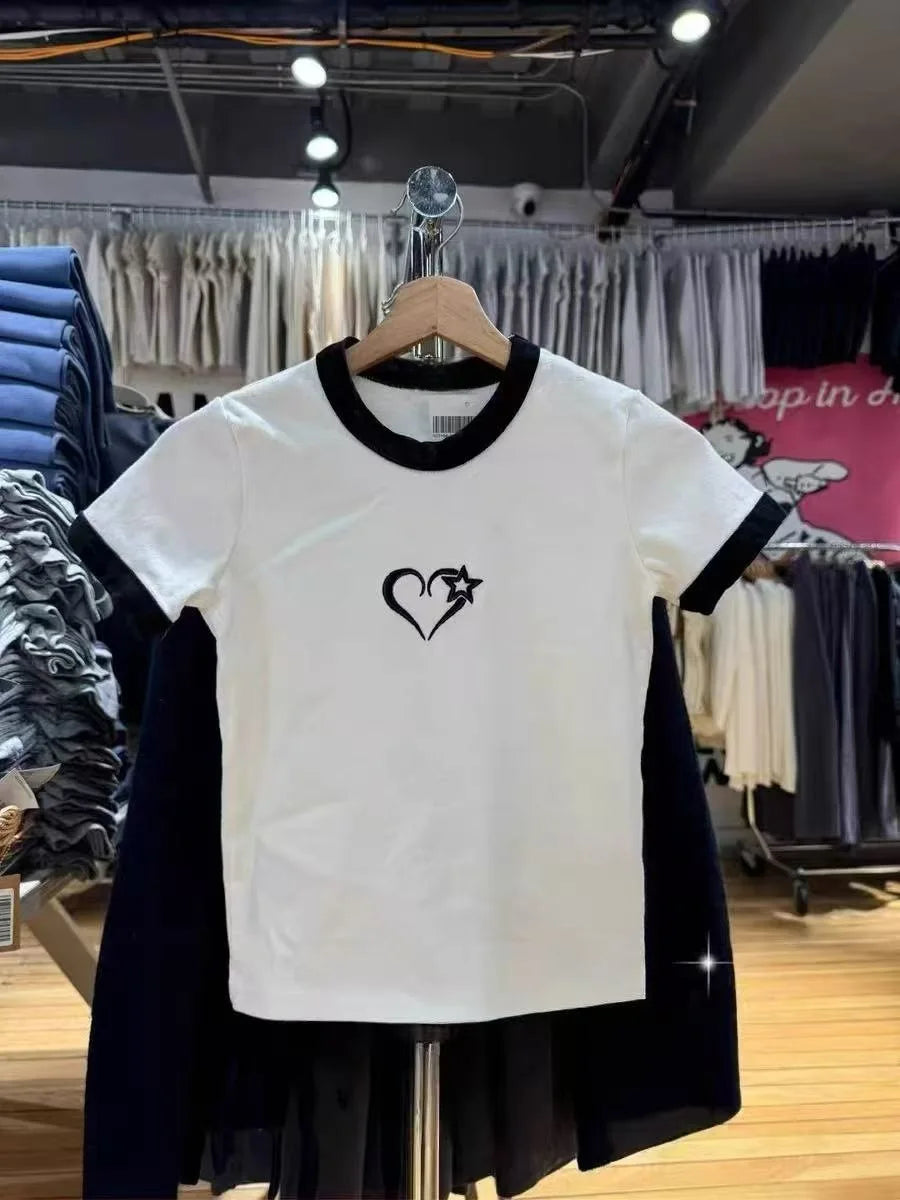 Sweet Star Appliques Slim Crop Top ladies Round Neck Y2K Tops