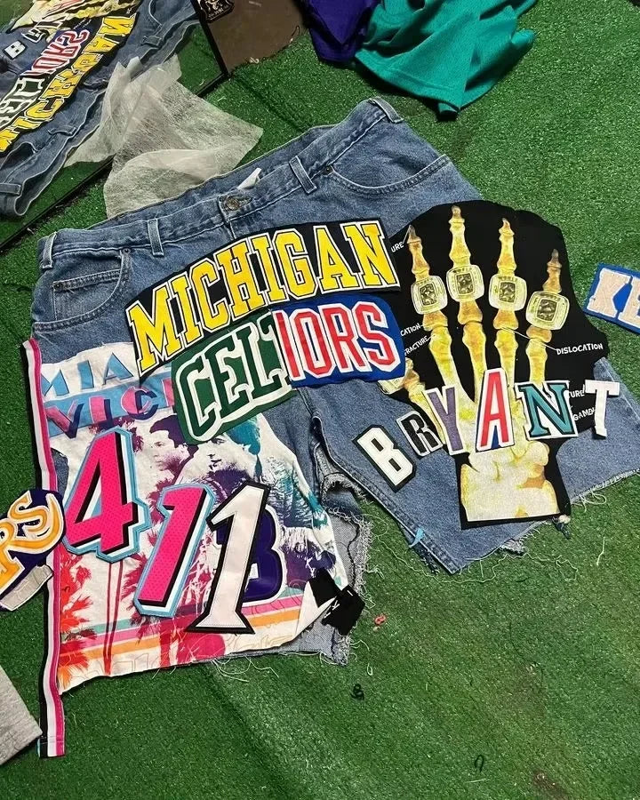 Female Streetwear Retro Patchwork Shorts Y2K Jeans Cartoon Embroidery Shorts Low Waist Over The Knee Pants Casual Shorts