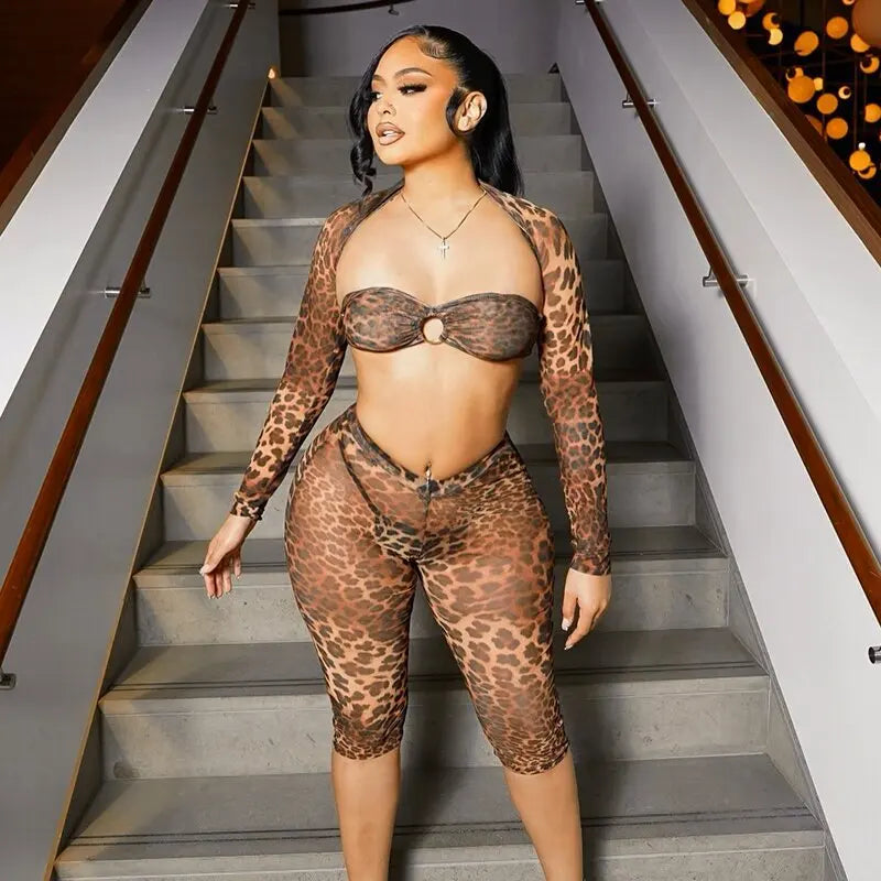 Weird Puss Sexy 3 Piece Set Women Leopard Print Mesh Full Sleeve Shawl+Bandage Metal Buckle Bra+Pants Street Trend Matching Suit