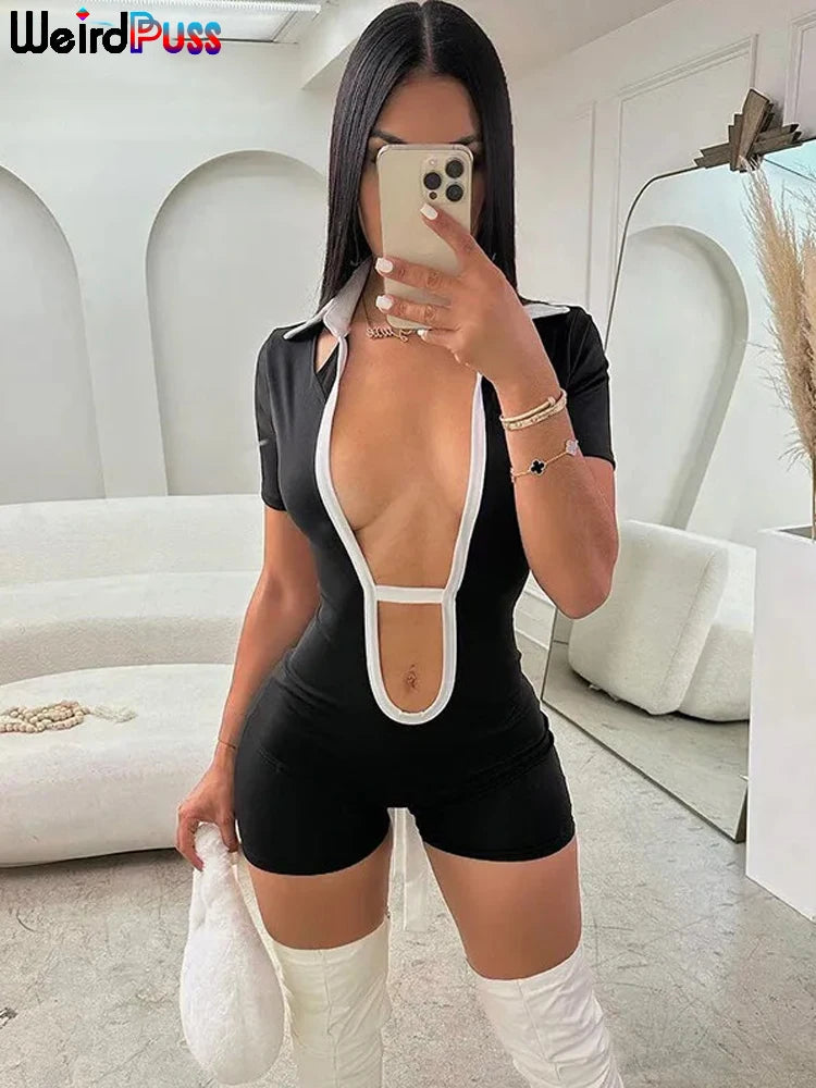 Weird Puss Backless Bandage Romper Women Sexy Polo-Neck Short Sleeve Stretch Fitness Playsuit Skinny Streetwear Hipster Overalls
