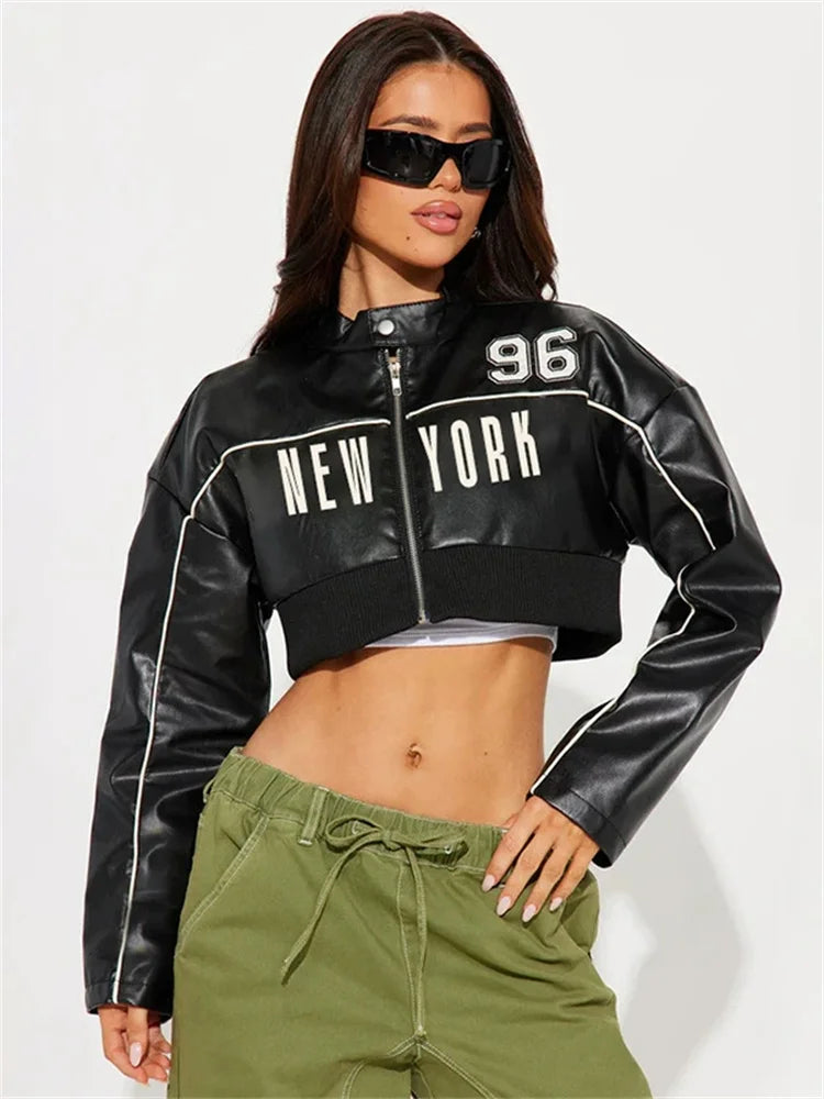 Weird Puss PU Patchwork Women Jacket Letter Print Hipster Button Zip Full Sleeve Trend Cool Street  Spring Outwear Crop Coat