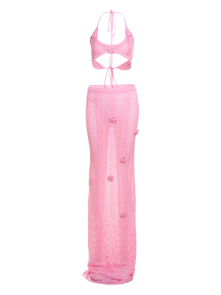 Weird Puss Beach Crochet Women Summer 2 Piece Set Applique Halter Bandage Camisole+Maxi Skirts Sexy Matching Vacation Clubwear