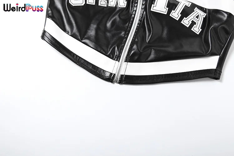 Weird Puss PU Letter Print Corset Top Women Y2K Zip Faux Leather Irregular Summer Trend Hipster Wild Streetwear Skinny Slim Vest