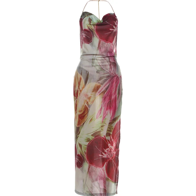 Weird Puss Bead Chain Halter Dress Y2K Floral Print Elegant Sexy Swing Collar Backless Birthday Midnight Party Split Maxi Bodyco