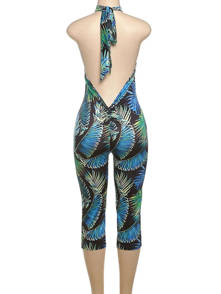 Weird Puss Colorful Print Romper Women Halter Bandage Summer Sexy Hipster Backless Activity Workout Fit Tight Stretch Playsuits