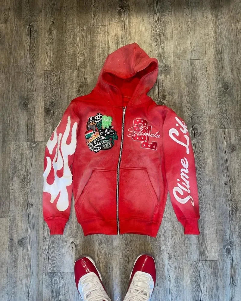 Harajuku Trend Brand Casual Loose Oversized Zipper Hoodie Men Y2k Gothic Retro Letter Flame Embroidered Sweatshirt Jacket Women