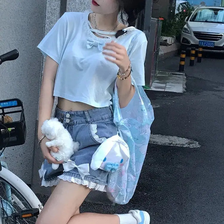 Japanese Preppy Style Bow Lace Patchwork Y2k Shorts Women Summer Straight Hotsweet High Waist jeans Short Pants Ruched