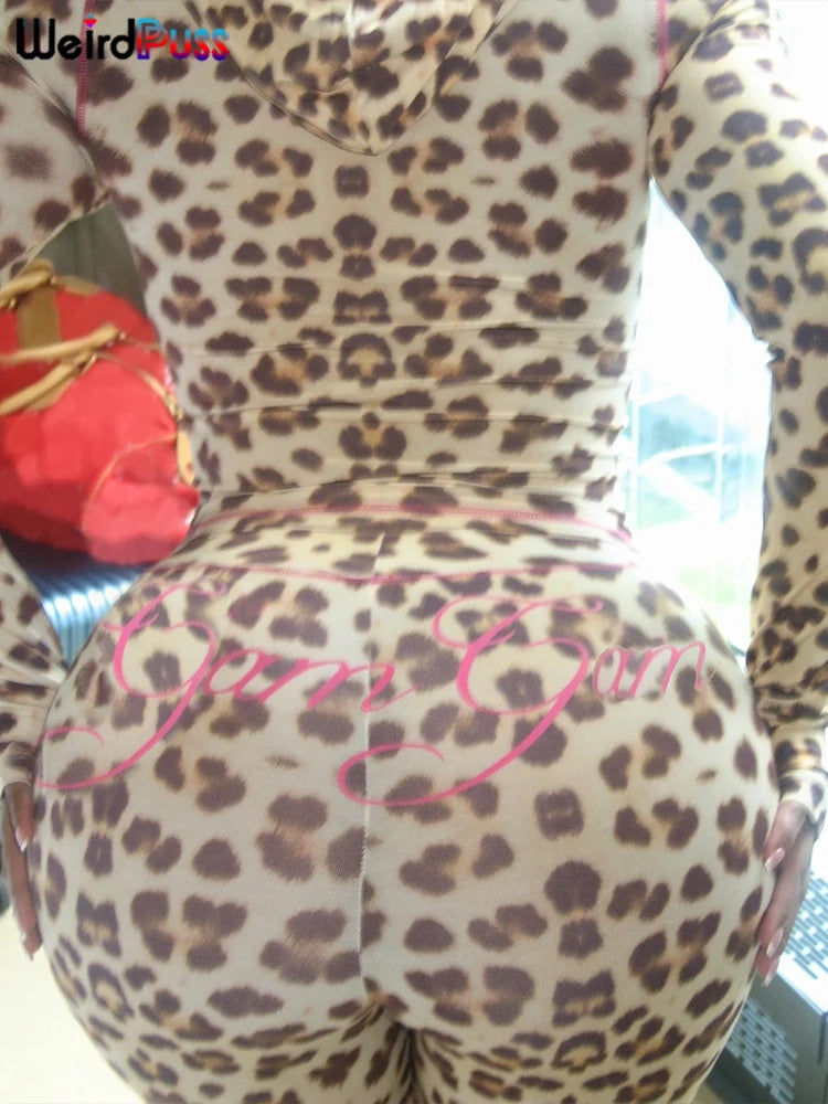Weird Puss Leopard Letter Print 2 Piece Set Women Tracksuit Sporty Casual Hooded Crop Jacket+Flare Pants Stretch Matching Suits