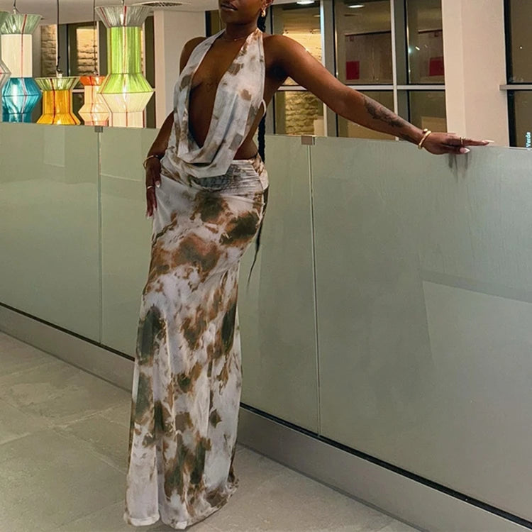 STYLISH LADY Tie Dye Printed2 Piece Set Women Sleeveless Backless Crop Top and Maxi Skirt Suits 2025 Summer Beach Holiday Outfit