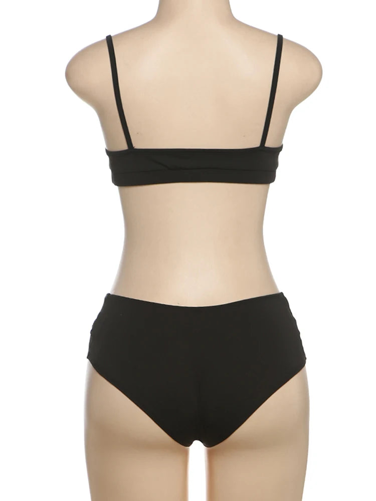 Weird Puss Heart Hollow 2 Piece Set Women Simple Vacation Camisole+Panties Beach Style Matching Stretch Street Comfortable Suit