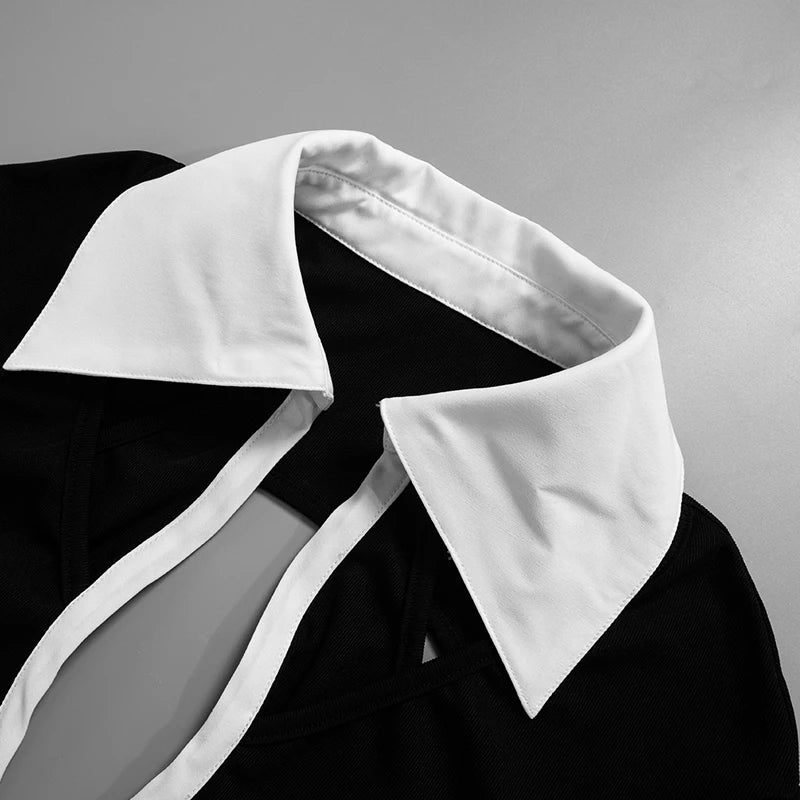 Weird Puss Hollow Backless Women Playsuits Bandage Polo Neck Full Sleeve Skinny Contrast Color Hipster High Street Sexy Romper