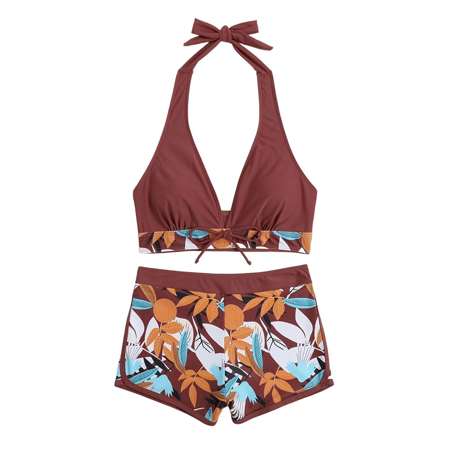 Shorts Bikinis Set  High Waist Swimsuit Women Swimwear  Plant Print Bathers Bathing Swim Suit Beachwear