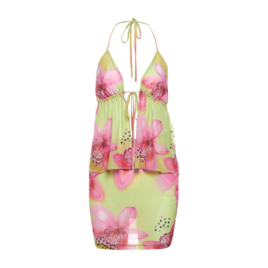 Weird Puss Flower Print Fashion 2 Piece Set Women Halter Lace-Up Backless Ruched Camisole+Skinny Skirt Vacation Beach Party Suit
