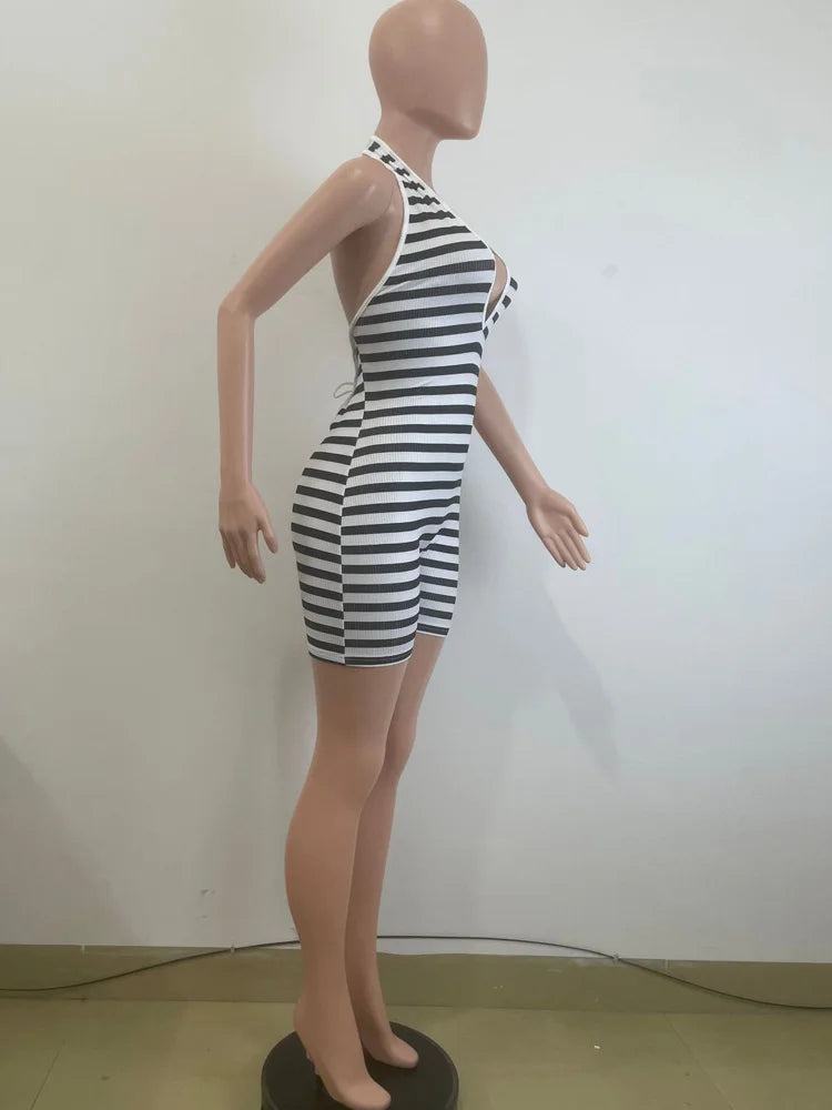 Kricesseen Women's Halter V Neck Backless Striped Playsuits Rompers Sexy Tie-Back Bandage Rompers Night Club Overalls Clubwear