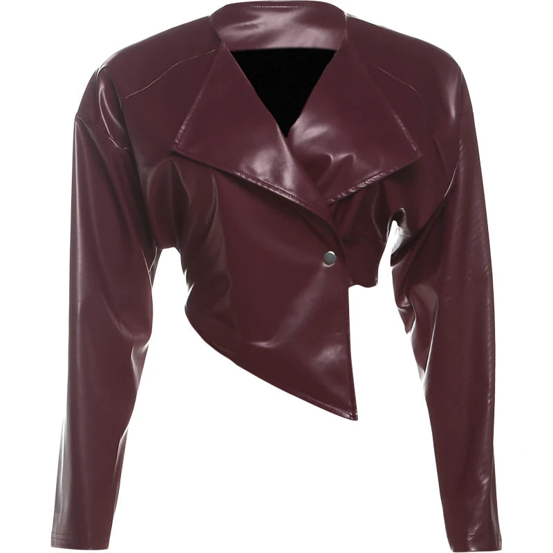 Weird Puss Faux Leather Crop Jacket Women Cross Neck Hipster Single Button Irregular Fall Trend Wild Basic Sexy Streetwear Coat