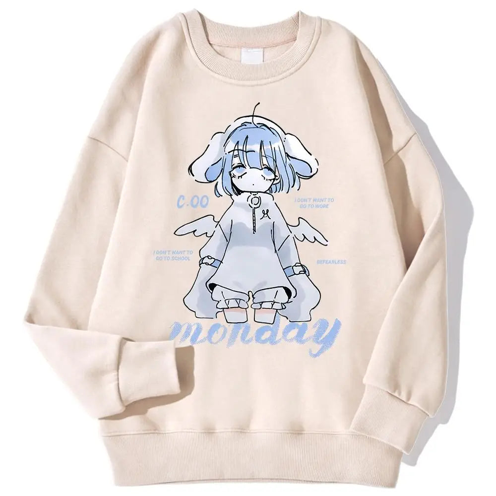 Harajuku Anime Girl Design Womens Sweatshirts Couples Kawaii Hoodie Comfortable Crewneck Clothes All-Match Fleece Streetwear