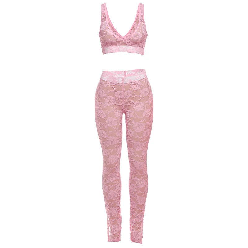2 Piece Set, lace Coquette Wide Belt Tank Tops+Leggings