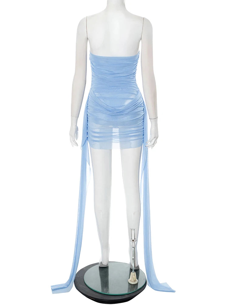 Weird Puss See  Through Dress Women Backless Sleeveless Tassel Double Deck Pleated Sexy Midnight Clubwear Party Mini Bodycon