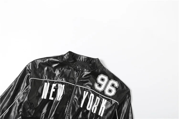 Weird Puss PU Jacket Women Letter Print Patchwork Uniform Hipster Button Zip Trend Sporty Street Varsity Casual Fall Crop Coat