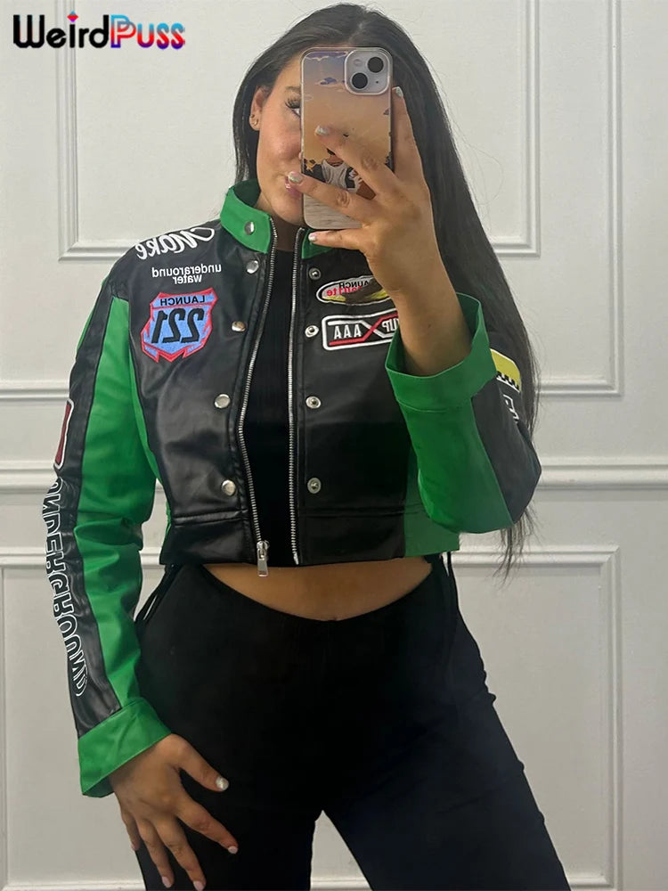 Weird Puss Hipster Crop Jacket Women Y2K Letter Print Hipster Uniform Street Patchwork Single-Breasted Hipster Autumn Trend Coat