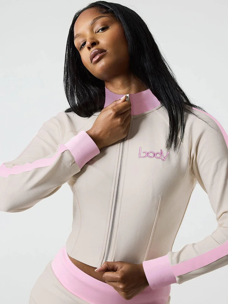 Weird Puss Casual Women 2Piece Set Letter Embroidery Zip Crop Jacket+Widewaist Shorts Matching Streetwear Stretch Sporty Outfits