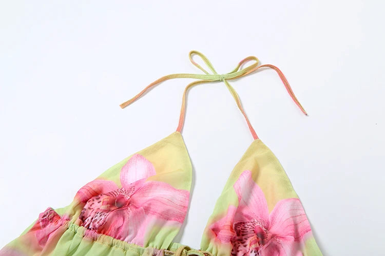Weird Puss Flower Print Fashion 2 Piece Set Women Halter Lace-Up Backless Ruched Camisole+Skinny Skirt Vacation Beach Party Suit