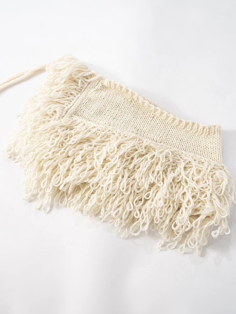 Weird Puss Crochet Tassel 2 Piece Set Women  Lace-Up Cardigan Full Sleeve Crop Tops+Irregular Slits Mini Skirt Sexy Hipster Suit