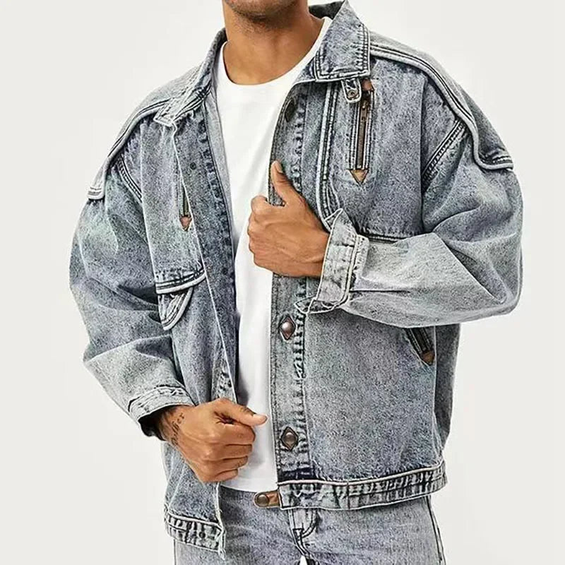 American Retro Jacket Snowflake Washed Vintage Denim Jacket Zipper Pocket Tooling Lapel Jean Coats Loose Motor Jaqueta Outerwear