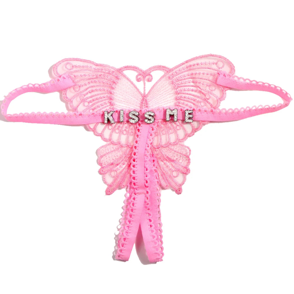 Sexy Butterfly Lace Panties Custom Name Crystal Letter Underwear Thong Transparent Lingerie Personality Girls Intimates Gift