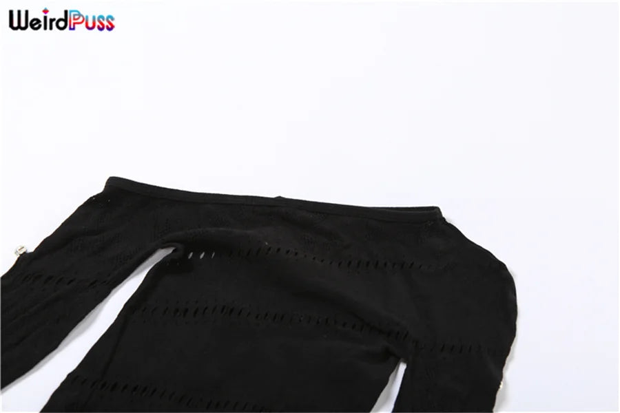 Weird Puss See Through Romper Women Sexy  Hollow Rhinestones Long Sleeve Skinny Irregular Off Shoulder Body-Shaping Playsuits