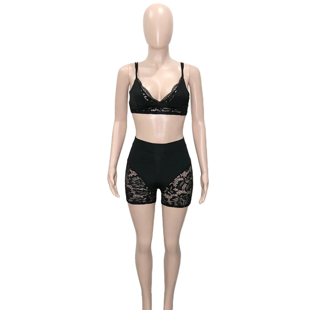 HLJ&GG Sexy Lace Hollow See Though Two Piece Sets Women V Neck Spaghetti Strap Slim Crop Top + Shorts Outfits Fashion Streetwear