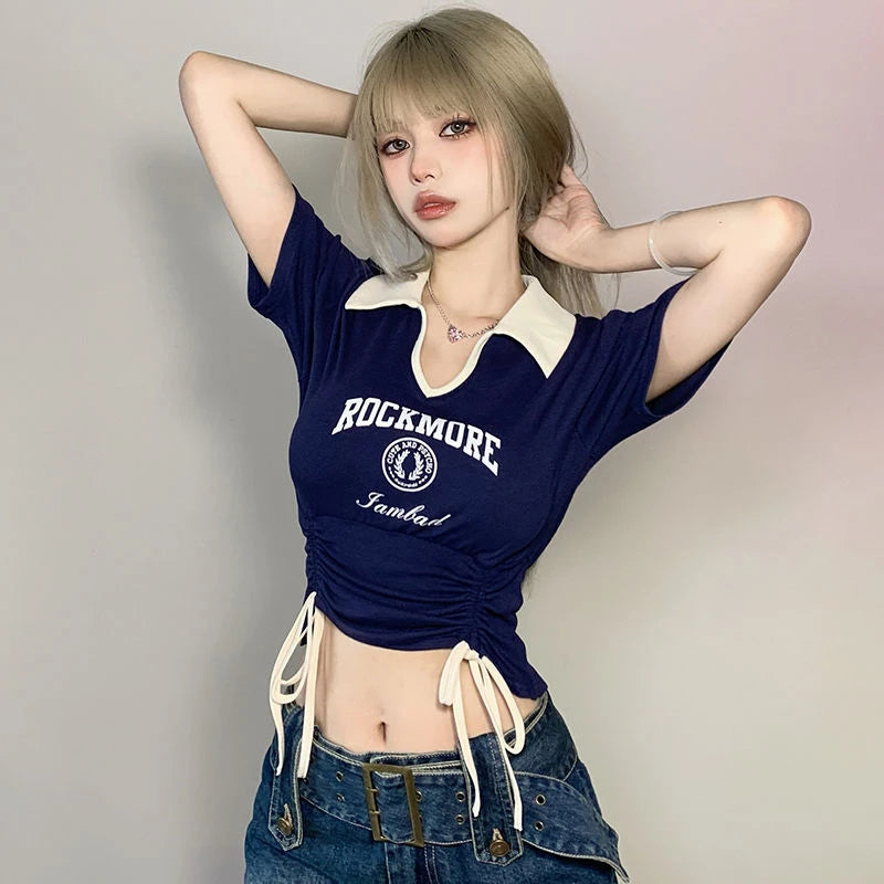 Drawstring Tie Up Crop Tops, Turndown Collar Graphic Short Sleeved Top